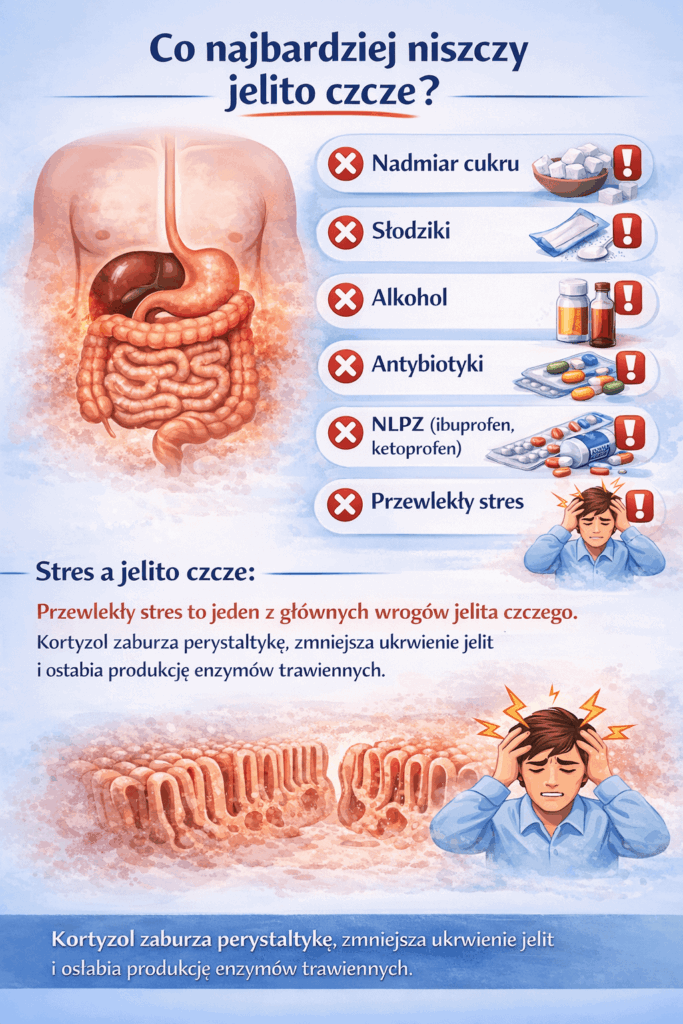 Co niszczy jelito czcze – stres, nadmiar cukru, alkohol, antybiotyki i NLPZ a zaburzenia wchłaniania składników odżywczych.
