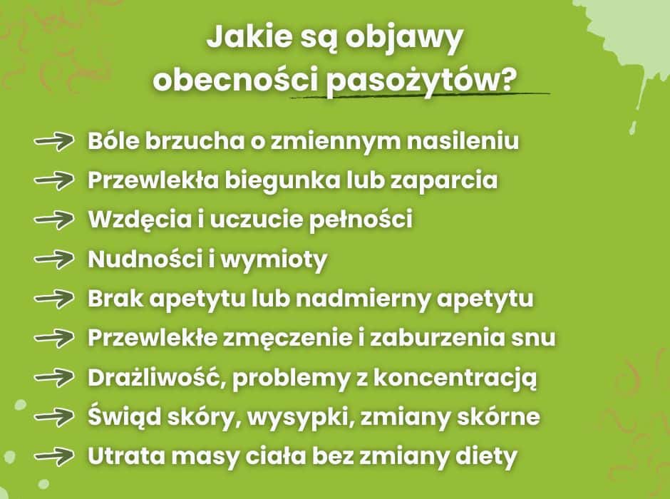 Objawy pasożytów w organizmie – infografika Zdrowotka.pl: zmęczenie, wzdęcia, wysypki, problemy trawienne