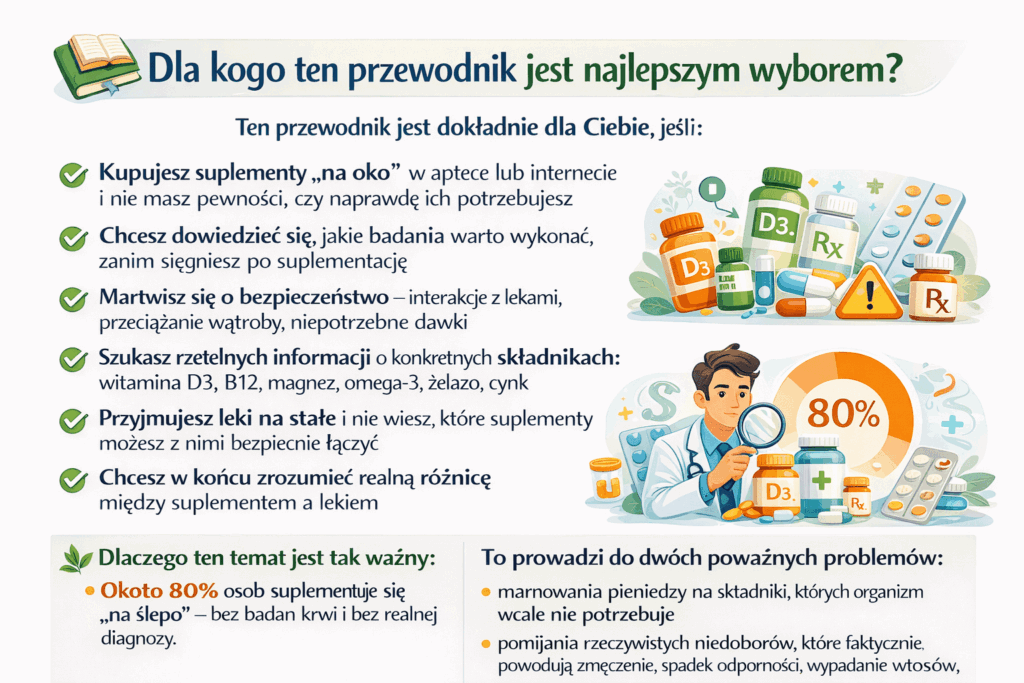 Infografika w języku polskim wyjaśniająca, dla kogo przeznaczony jest przewodnik o bezpiecznym stosowaniu suplementów, z listą sytuacji typu kupowanie „na oko”, leki na stałe i obawy o bezpieczeństwo, oraz ilustracjami suplementów i lekarza.