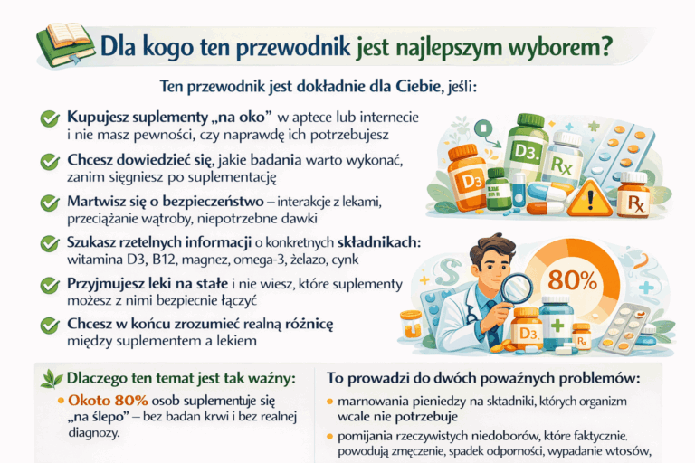 Infografika w języku polskim wyjaśniająca, dla kogo przeznaczony jest przewodnik o bezpiecznym stosowaniu suplementów, z listą sytuacji typu kupowanie „na oko”, leki na stałe i obawy o bezpieczeństwo, oraz ilustracjami suplementów i lekarza.