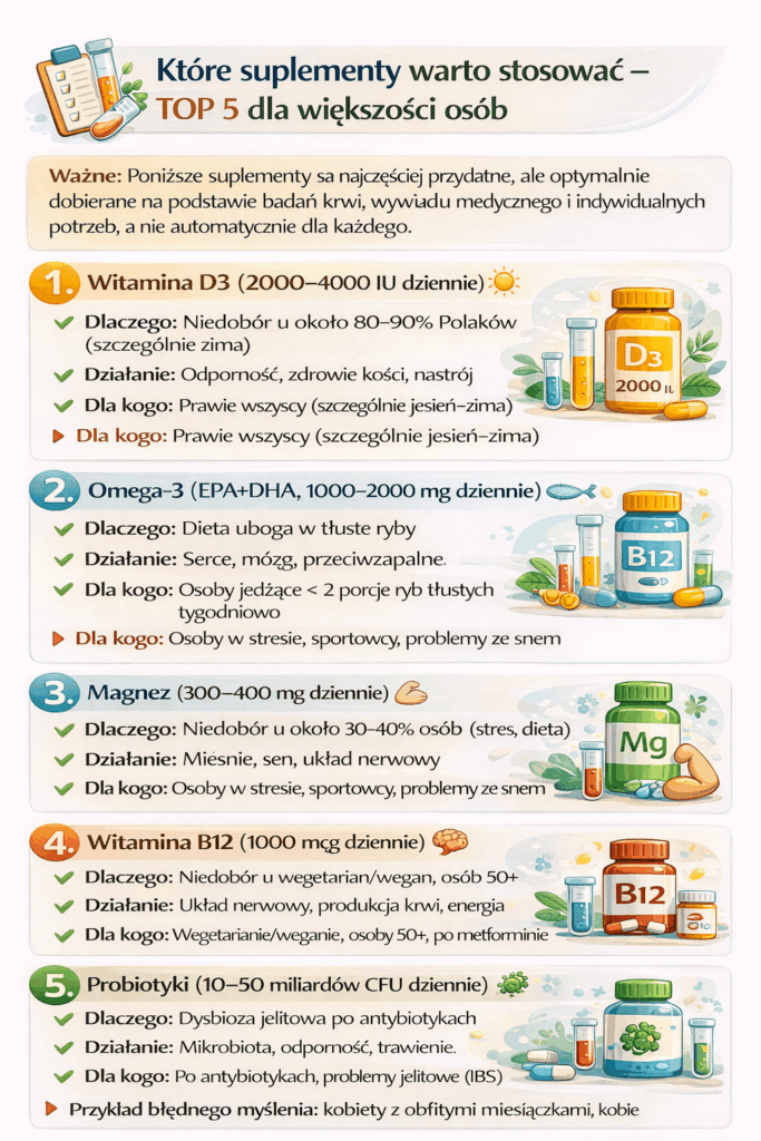 Infografika przedstawiająca pięć najważniejszych suplementów diety: witaminę D3, omega-3, magnez, witaminę B12 i probiotyki wraz z dawkami, działaniem i wskazaniami
