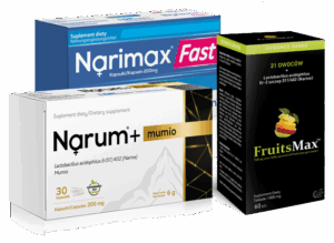 Zestaw probiotyków Narine – Narimax Fast, Narum+ Mumio i FruitsMax z bakterią Lactobacillus acidophilus Er‑2 szczep 317/402