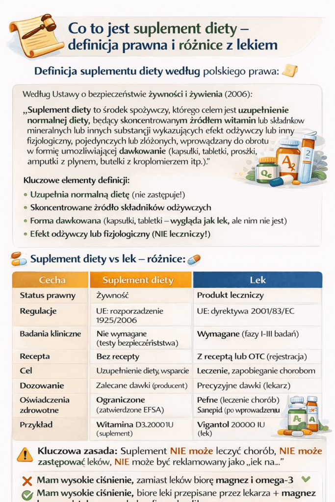 Infografika wyjaśniająca czym jest suplement diety według polskiego prawa oraz różnice między suplementem a lekiem – status prawny, badania kliniczne, dawkowanie i oświadczenia zdrowotne