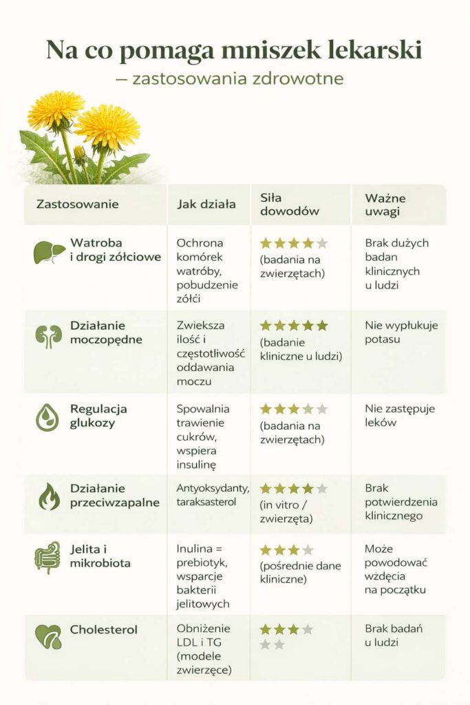 Zastosowania mniszka lekarskiego (Taraxacum officinale) z oceną dowodów naukowych: wątroba, diureza, glukoza, jelita, cholesterol