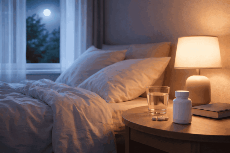 Spokojna sypialnia nocą z łóżkiem w białej pościeli, ciepłą lampką nocną, szklanką wody i nieoznakowaną butelką suplementu na stoliku, księżycowe światło wpada przez okno – naturalne zasypianie i spokojny sen