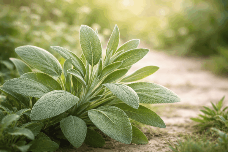 Świeże liście szałwii lekarskiej (Salvia officinalis) rosnące w naturalnym środowisku, zioło lecznicze o właściwościach przeciwzapalnych i hormonalnych