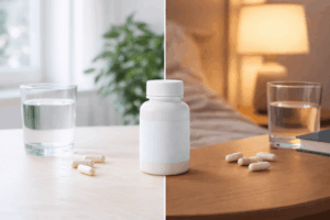 Magnez rano czy wieczorem – kapsułki i szklanka wody na stole w dzień oraz przy łóżku wieczorem