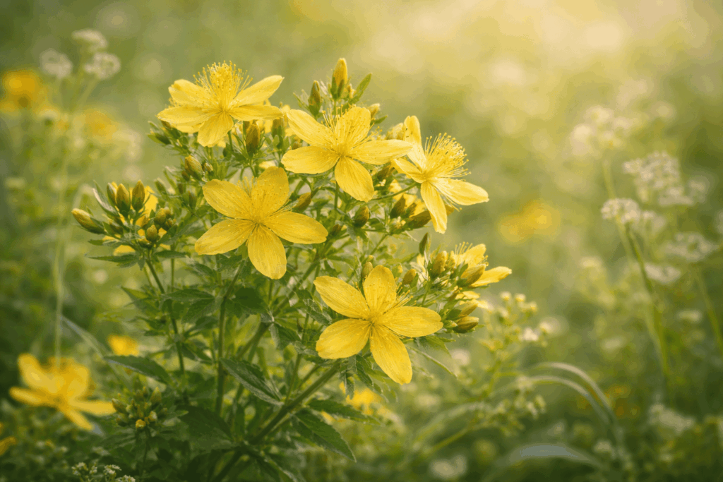Kwitnący dziurawiec zwyczajny (Hypericum perforatum) z żółtymi kwiatami, roślina lecznicza stosowana tradycyjnie przy obniżonym nastroju i dolegliwościach nerwowych