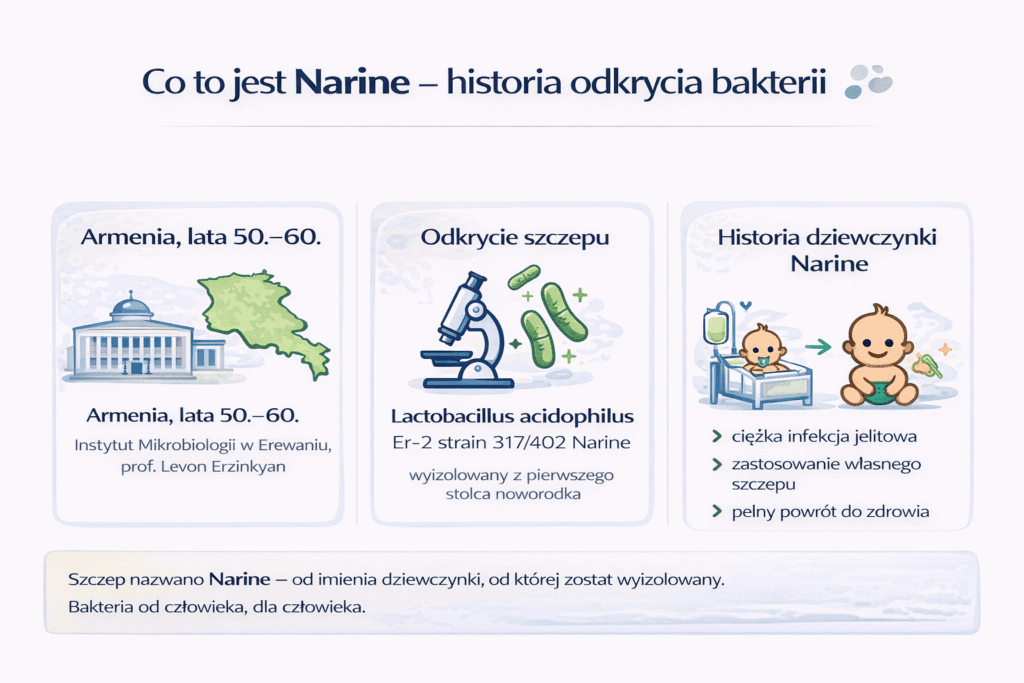 Infografika przedstawiająca historię odkrycia szczepu Lactobacillus acidophilus Er‑2 strain 317/402 Narine w Armenii oraz uratowania życia dziewczynki Narine.