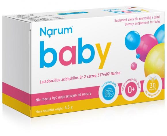 Opakowanie suplementu diety Narum Baby z probiotycznym szczepem Lactobacillus acidophilus Er‑2 szczep 317/402 Narine, przeznaczonego dla niemowląt i małych dzieci, 30 saszetek.
