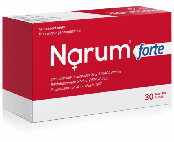Narum Forte Probiotyk 3-szczepowy (Lactobacillus acidophilus Narine, E. coli Nissle 1917, Bifidobacterium bifidum) – 30 kapsułek vege (Czerwony)