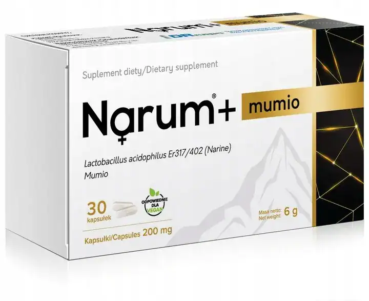 Opakowanie suplementu diety Narum+ Mumio z probiotycznym szczepem Lactobacillus acidophilus Er317/402 (Narine) i mumio, 30 kapsułek 200 mg, odpowiedni dla wegan.