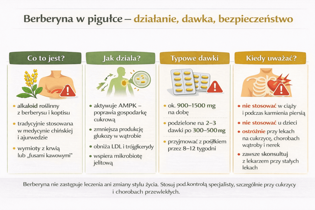 Infografika przedstawiająca działanie, dawkowanie i bezpieczeństwo stosowania berberyny
