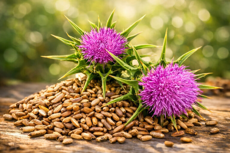 Ostropest plamisty (Silybum marianum) – fioletowe kwiaty i nasiona rośliny stosowanej tradycyjnie we wsparciu wątroby i metabolizmu