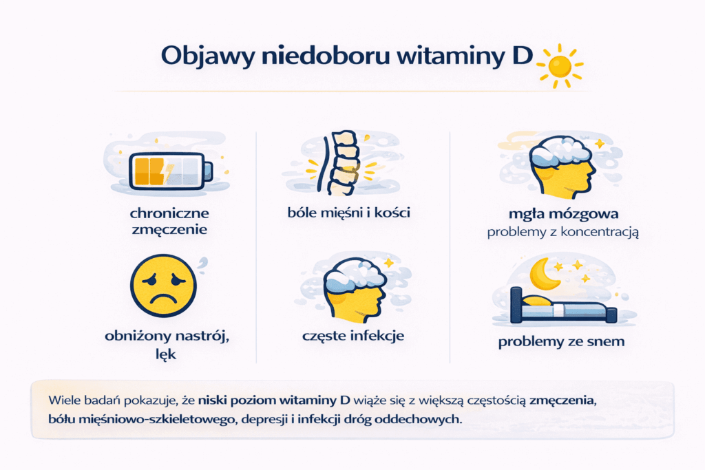 Infografika przedstawiająca objawy niedoboru witaminy D, takie jak chroniczne zmęczenie, bóle mięśni i kości, mgła mózgowa z problemami z koncentracją, obniżony nastrój i lęk, częste infekcje oraz problemy ze snem.