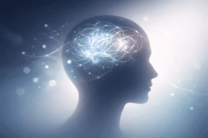 Sylwetka ludzkiej głowy z podświetlonym mózgiem i siecią połączeń neuronowych – rytm dobowy, melatonina i regulacja snu