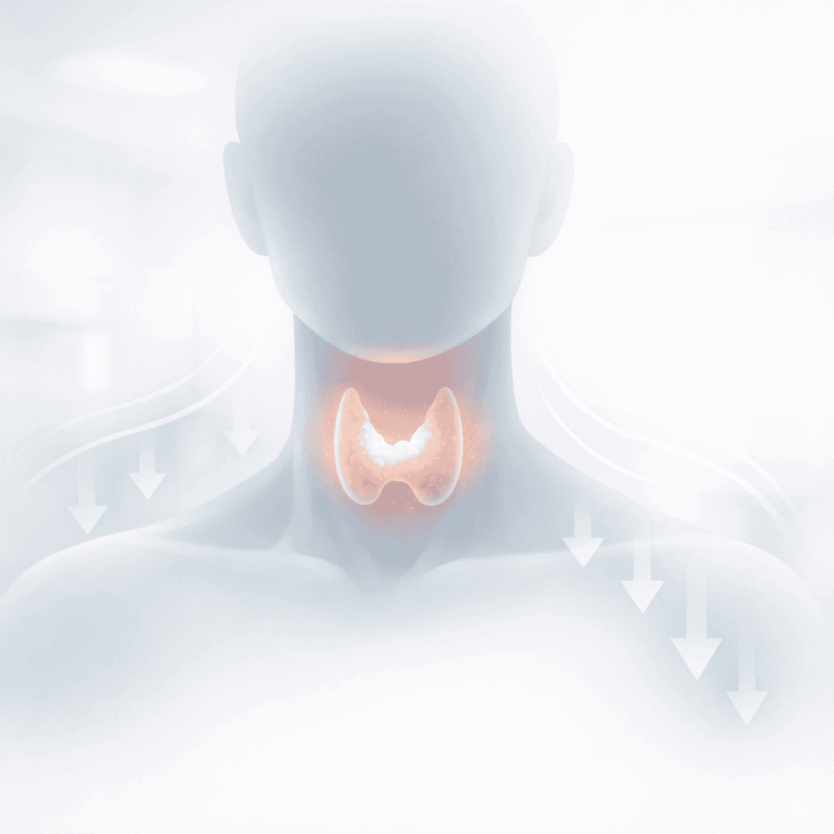 Schemat tarczycy zaznaczonej na szyi – niedoczynność tarczycy, zaburzenia hormonalne i spowolnienie metabolizmu