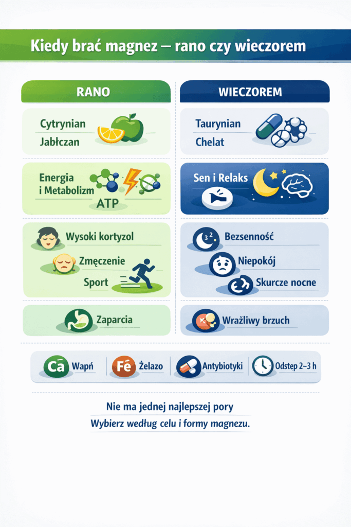 Infografika „Kiedy brać magnez – rano czy wieczorem” z porównaniem form magnezu, celów stosowania i interakcji z innymi suplementami.
