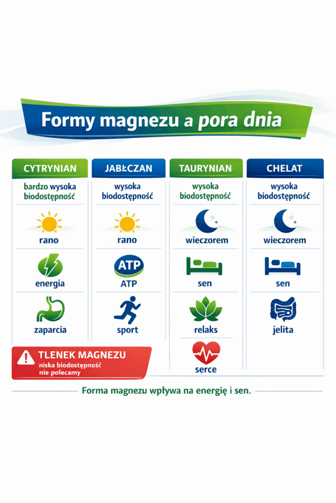 Formy magnezu a pora dnia – cytrynian, jabłczan, taurynian i chelat magnezu rano vs wieczorem