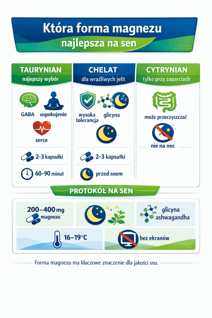 Która forma magnezu najlepsza na sen – taurynian, chelat i cytrynian magnezu w praktycznym protokole na wieczór