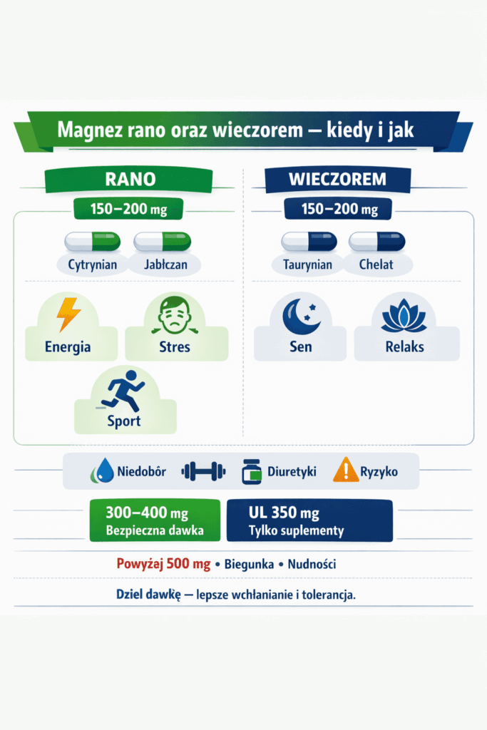 Magnez rano oraz wieczorem – kiedy i jak dzielić dawkę 150–200 mg na energię i sen