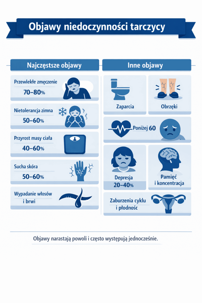 Objawy niedoczynności tarczycy – zmęczenie, nietolerancja zimna, przyrost masy ciała, sucha skóra, wypadanie włosów i depresja