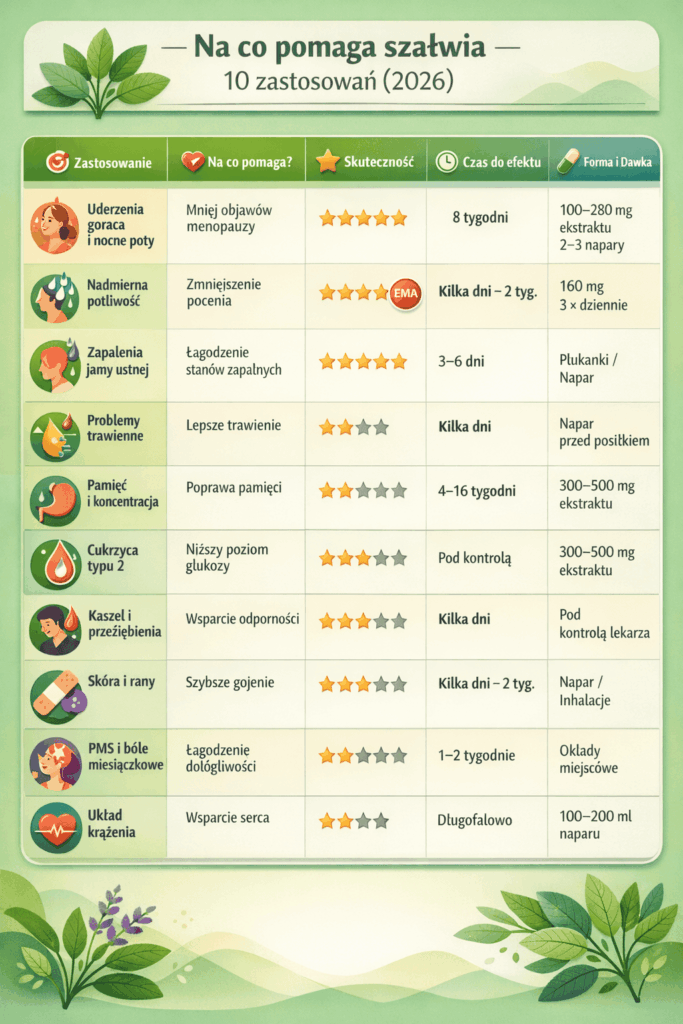 Infografika przedstawiająca 10 zastosowań szałwii lekarskiej (Salvia officinalis), w tym menopauzę, potliwość, trawienie, pamięć i stany zapalne, z informacją o skuteczności i czasie do efektu