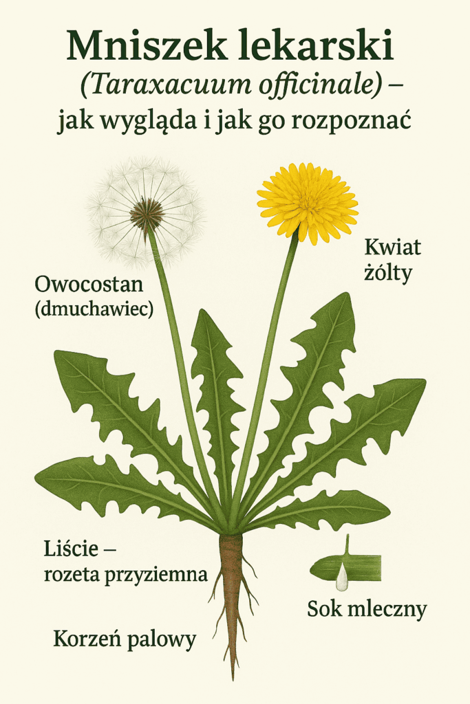 „Mniszek lekarski (Taraxacum officinale) – budowa rośliny: żółty kwiat, liście w rozecie przyziemnej, korzeń palowy, dmuchawiec i sok mleczny”