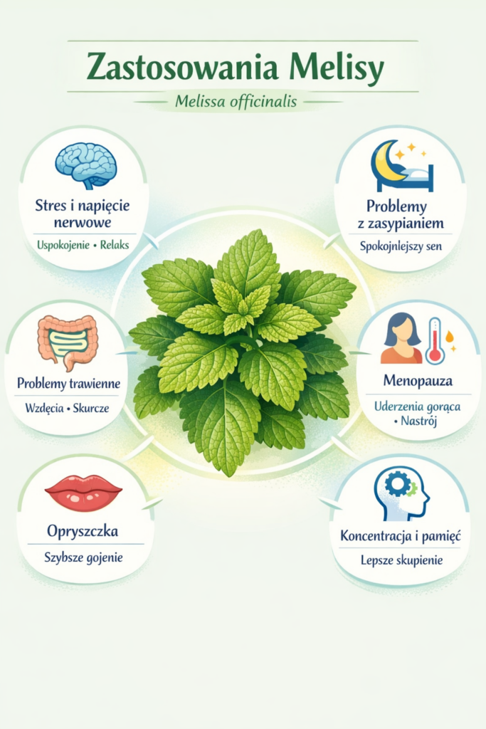 Zastosowania melisy lekarskiej Melissa officinalis stres sen trawienie menopauza koncentracja