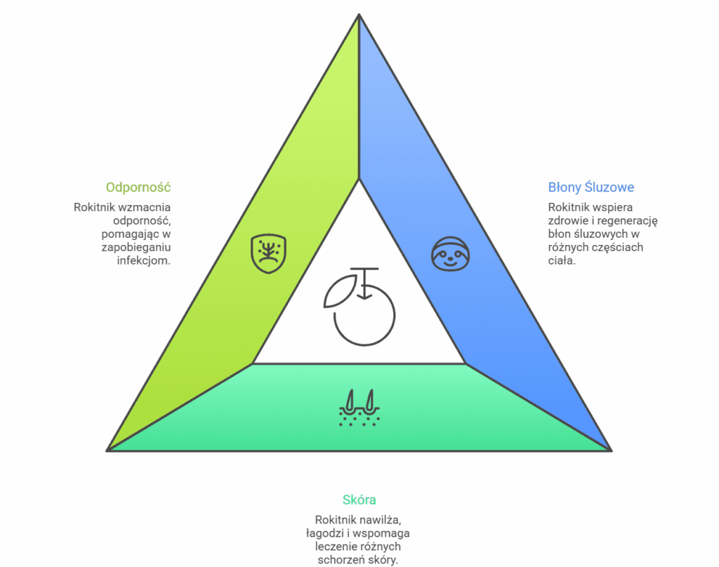 Infografika pokazująca działanie rokitnika na odporność, skórę i błony śluzowe