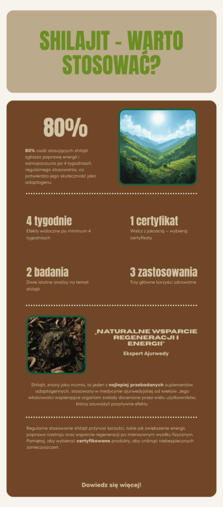 Infografika pokazująca potencjalne korzyści stosowania shilajit (mumio)