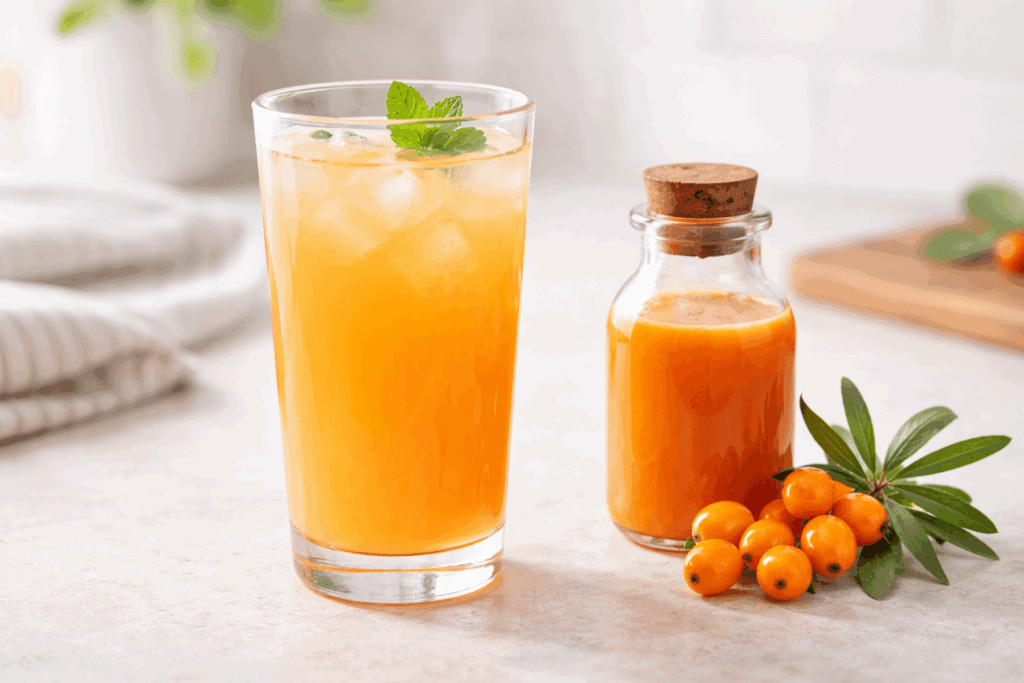 Naturalny sok z rokitnika w szklance oraz świeże owoce rokitnika