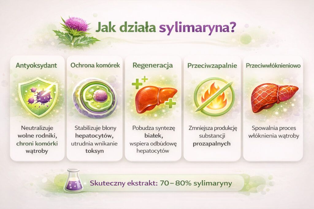 Jak działa sylimaryna – infografika pokazująca mechanizmy działania: antyoksydacyjne, ochronne, regeneracyjne i przeciwzapalne w wątrobie
