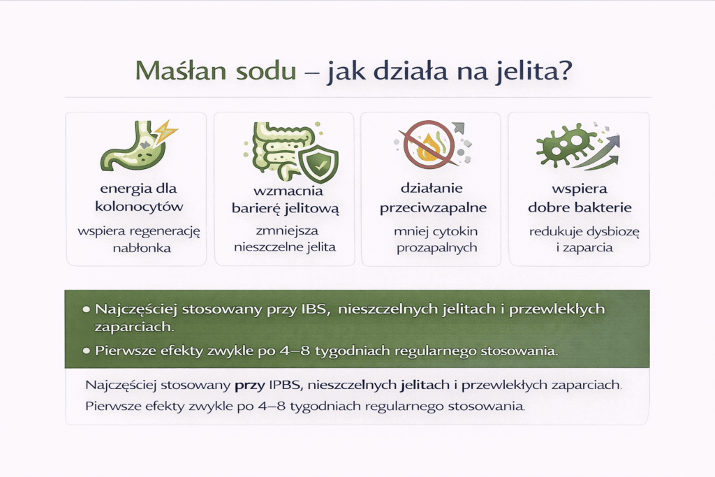 Infografika przedstawiająca jak działa maślan sodu na jelita: regeneracja nabłonka jelit, wzmocnienie bariery jelitowej, działanie przeciwzapalne i wsparcie mikrobioty przy IBS, nieszczelnych jelitach i zaparciach