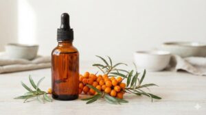 Olej z rokitnika w szklanej butelce z pipetą oraz świeże owoce rokitnika na jasnym tle