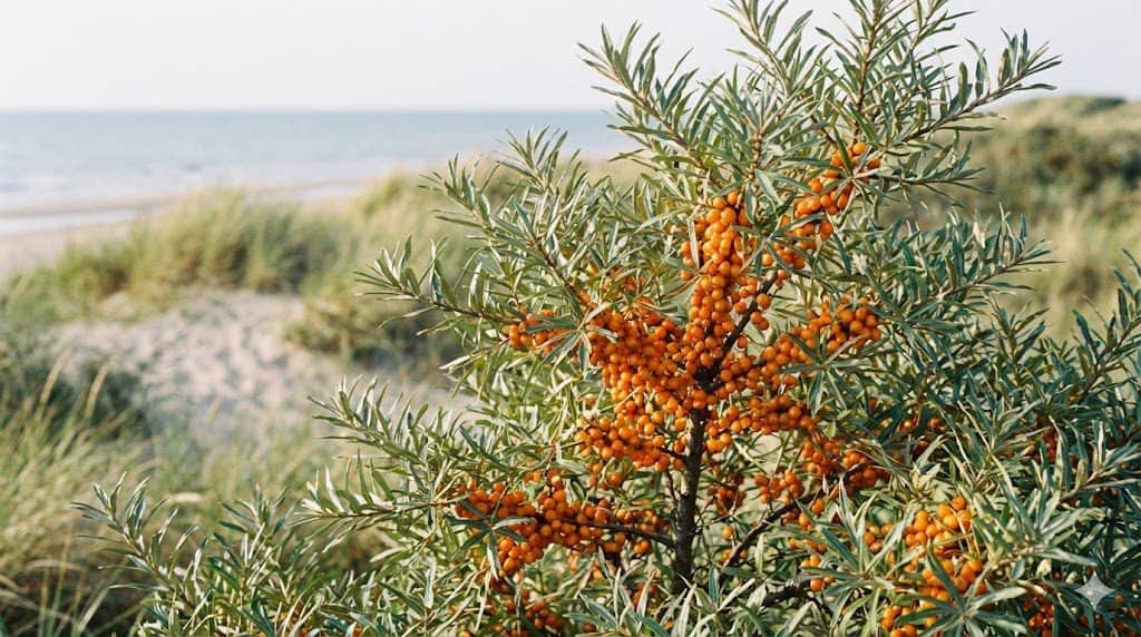 Krzew rokitnika zwyczajnego z dojrzałymi pomarańczowymi owocami