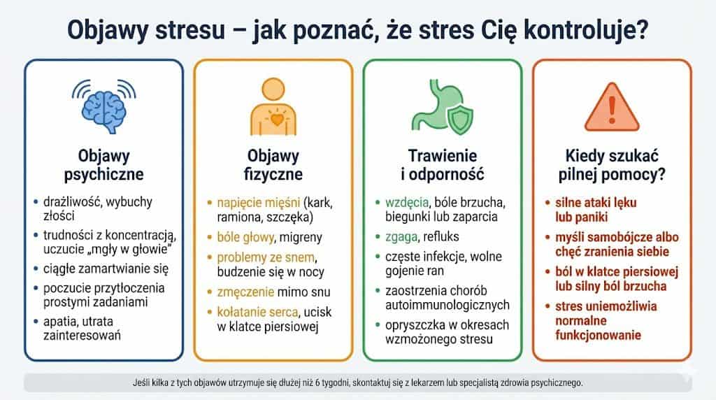 Infografika pokazująca objawy bólu nasilającego się pod wpływem stresu