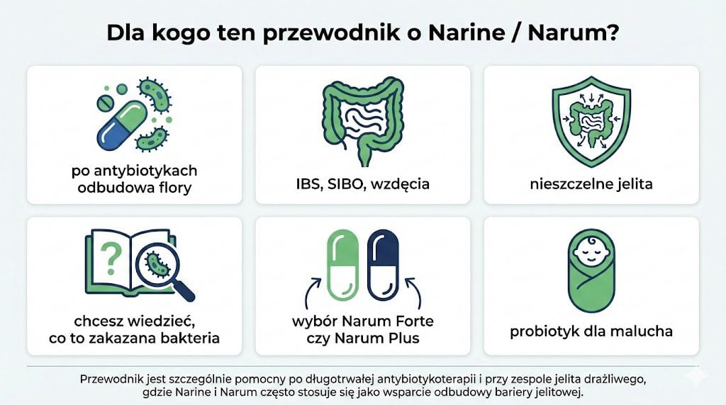 Infografika w języku polskim pokazująca, dla kogo przeznaczony jest przewodnik o probiotykach Narine i Narum: odbudowa flory po antybiotykach, IBS, SIBO i wzdęcia, nieszczelne jelita, chęć zrozumienia „zakazanej bakterii”, wybór między Narum Forte a Narum Plus oraz probiotyk dla malucha.