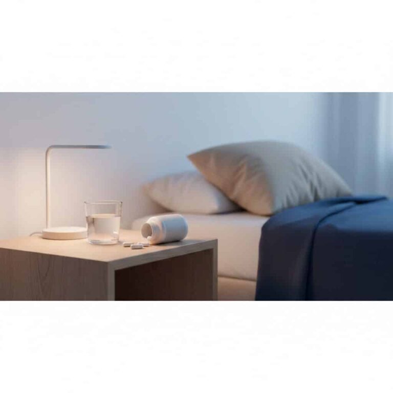 Melatonina na nocnym stoliku – kapsułki i szklanka wody obok łóżka, spokojna sypialnia przed snem