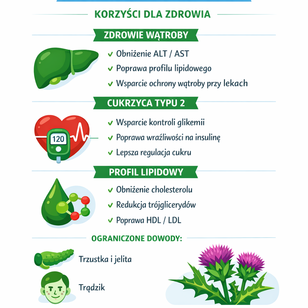 Na co pomaga ostropest plamisty – infografika pokazująca wpływ sylimaryny na wątrobę, glikemię, profil lipidowy i ograniczenia dowodów naukowych