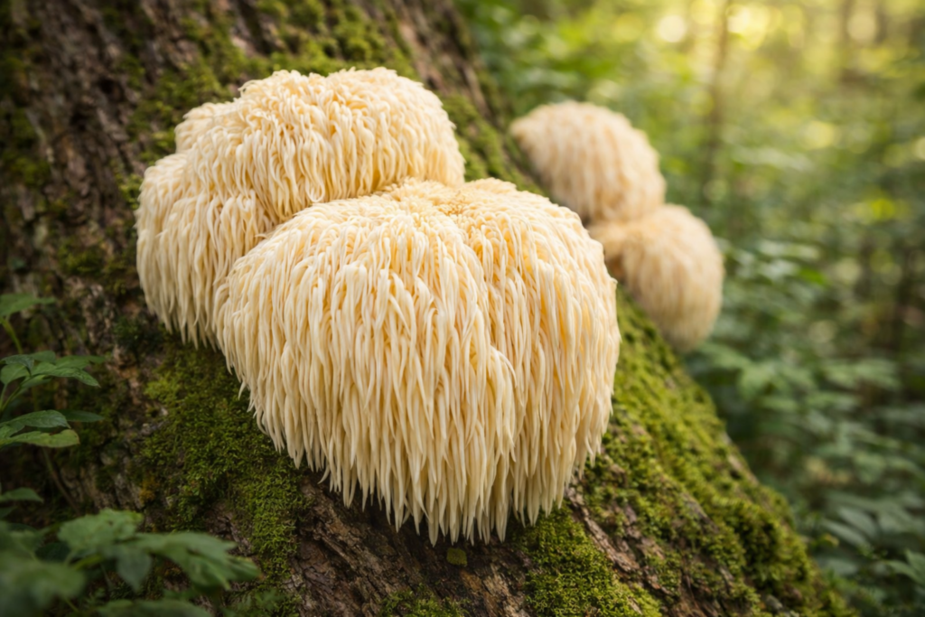 Lion’s Mane (soplówka jeżowata) rosnąca na pniu drzewa – źródło hericenonów i erinacyn wspierających układ nerwowy