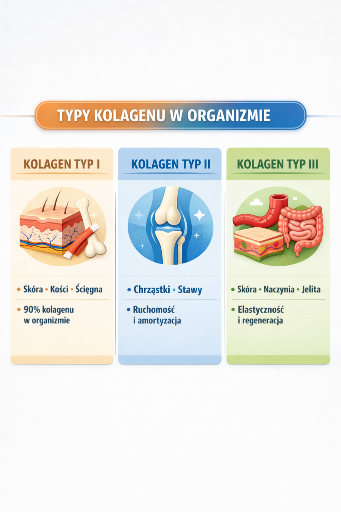 Typy kolagenu w organizmie człowieka typ I typ II typ III różnice i zastosowania skóra stawy jelita