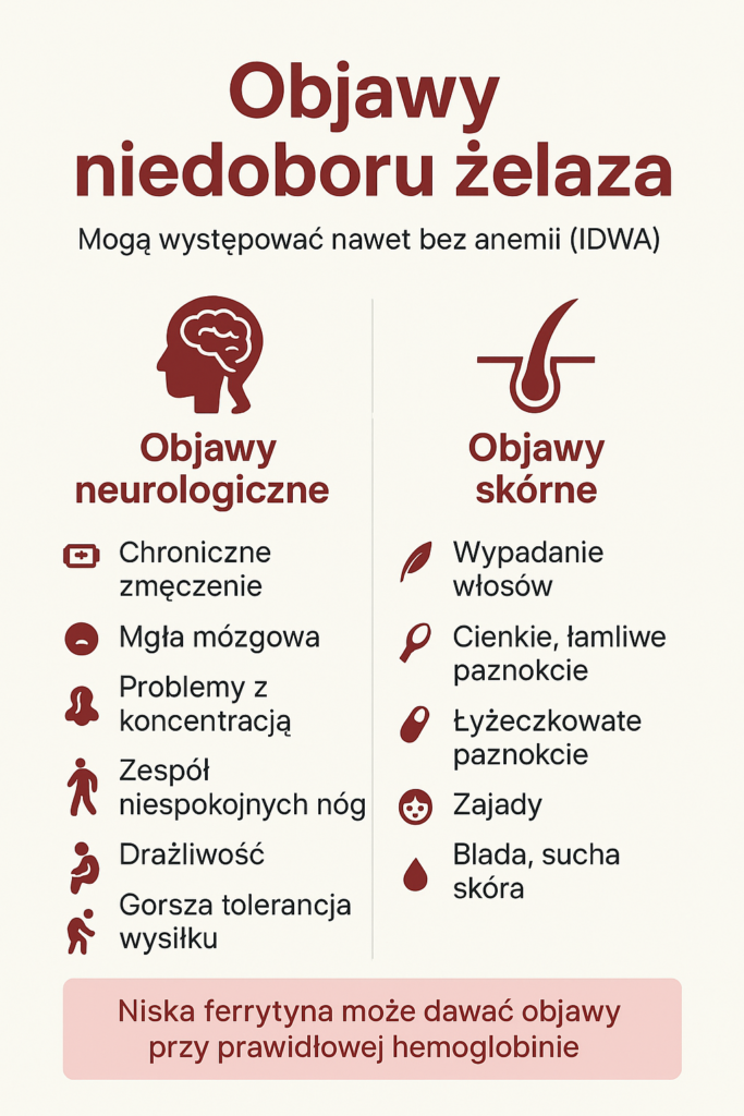 Niedobór żelaza – objawy, badanie ferrytyny i jak skutecznie uzupełnić poziom? 3 Objawy niedoboru żelaza – neurologiczne i skórne przy niskiej ferrytynie.