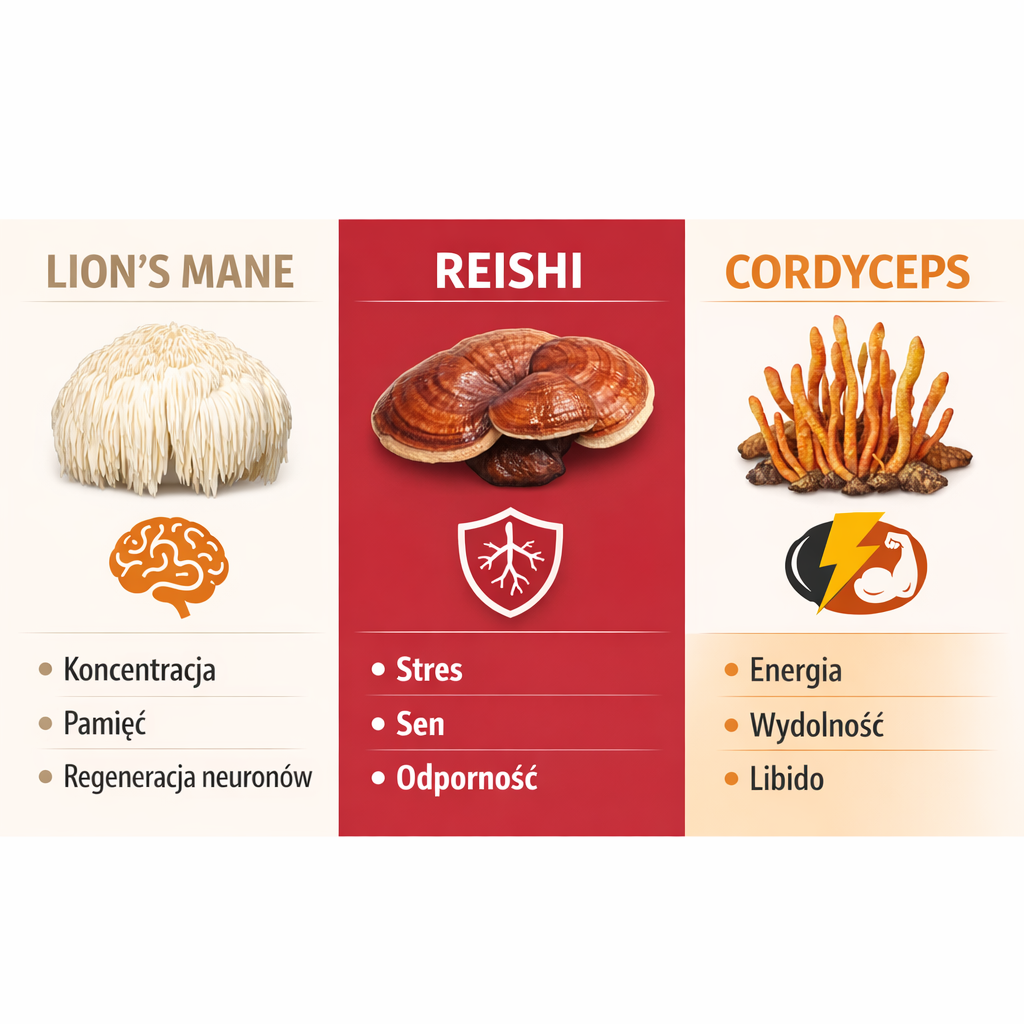 Grzyby lecznicze Lion’s Mane, Reishi i Cordyceps – wsparcie mózgu, odporności, snu i energii