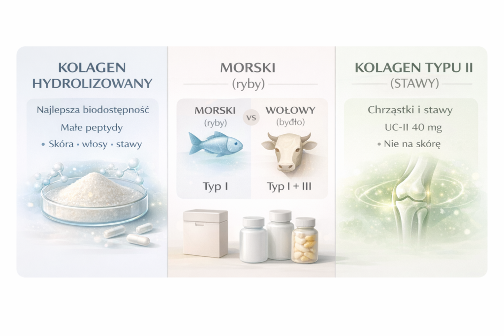 Formy kolagenu i ich zastosowanie: kolagen hydrolizowany, kolagen morski i wołowy oraz kolagen typu II na stawy – infografika edukacyjna