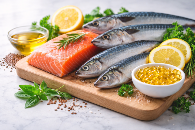 Naturalne źródła omega-3: tłuste ryby morskie, łosoś, olej rybny i kapsułki omega-3 – EPA i DHA