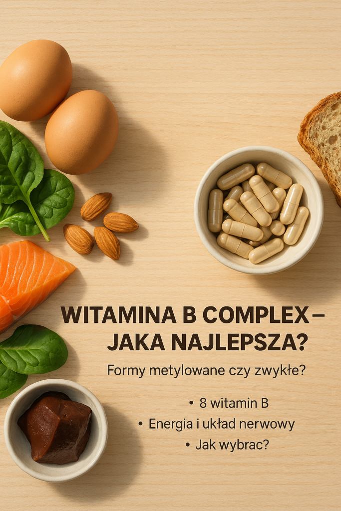 Witamina B complex – kapsułki oraz naturalne źródła witamin z grupy B: jaja, łosoś, szpinak, migdały i wątróbka