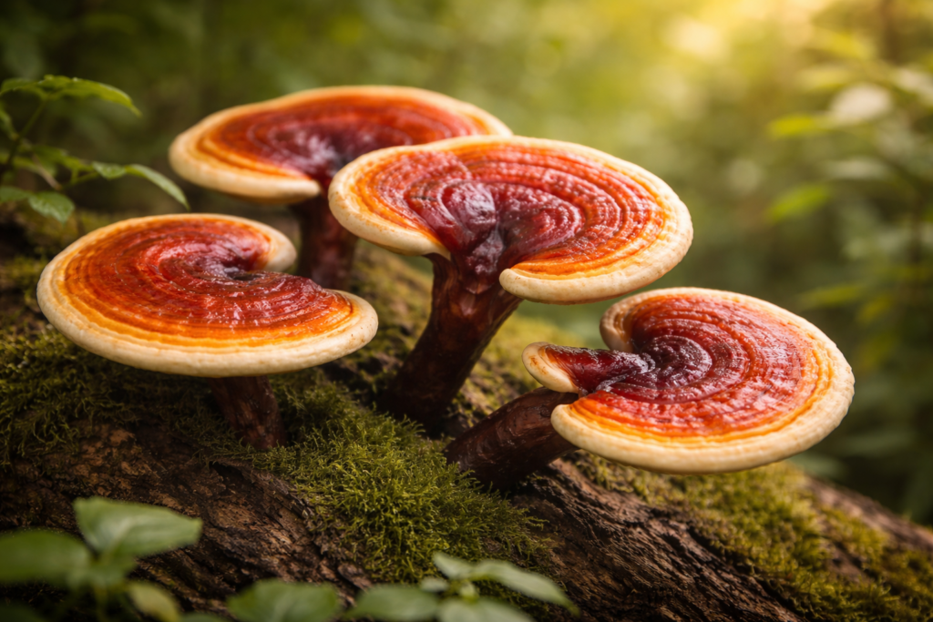 Reishi (lakownica lśniąca) na pniu drzewa – źródło triterpenoidów i beta-glukanów wspierających odporność