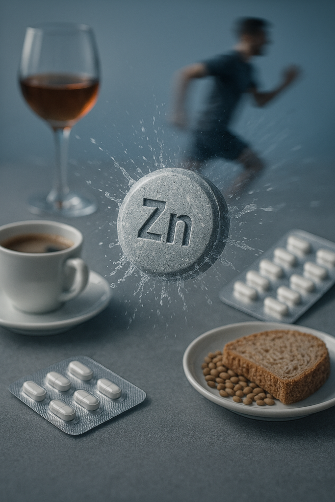 Tabletka z symbolem Zn unosząca się nad kawą, alkoholem, lekami i pełnoziarnistym pieczywem – czynniki zmniejszające wchłanianie cynku