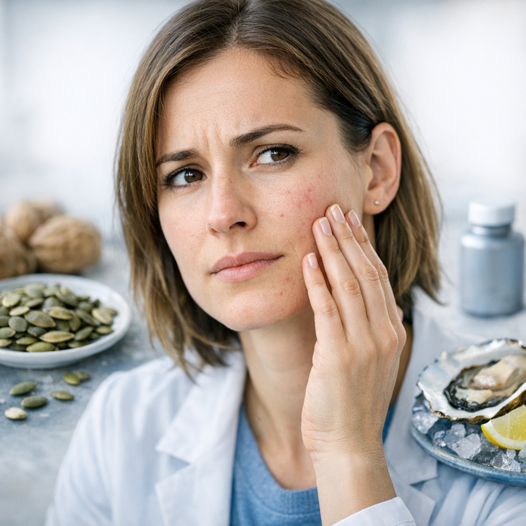 Kobieta z podrażnioną skórą twarzy – możliwe objawy niedoboru cynku, w tle pestki dyni i ostrygi jako naturalne źródła cynku